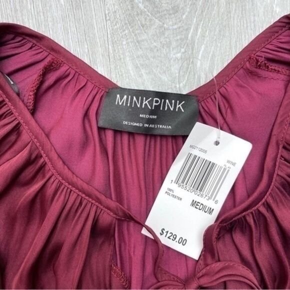 Women's MINKPINK Dark Red Satin Long Sleeve Ruffle Tiered Boho Peasant Dress M - Picture 4 of 7